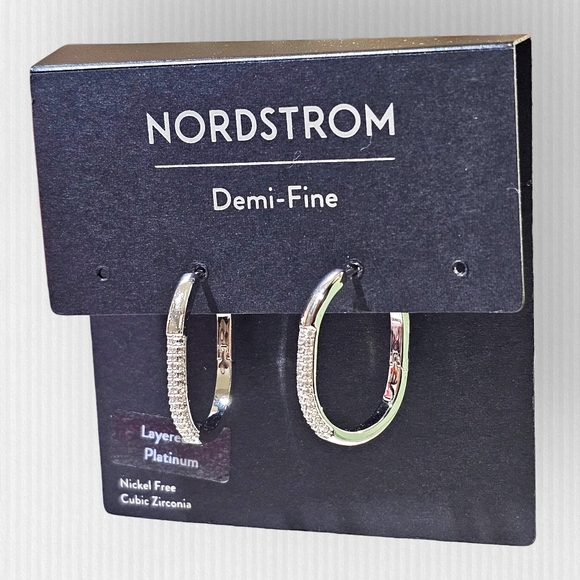 Nordstrom Jewelry - NWT Nordstrom Platinum Oval Hoop Earrings w/‎ Cubic Zirconia Women's Jewelry